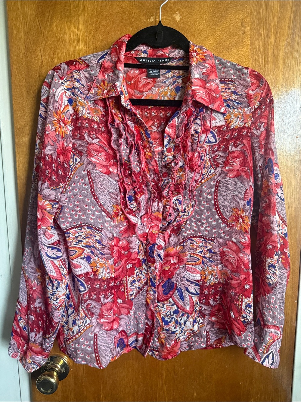 Antilia Femme Red Multi-Color Floral Ruffle Button-Down Shirt